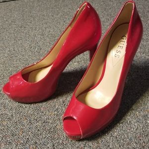 Guess Red Patent Leather Peep Toe High Heels